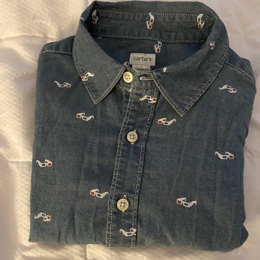 Boys long sleeve button down 3D glasses chambray shirt